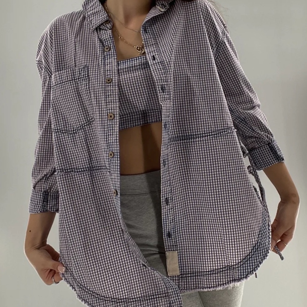 Free People We The Free Game Set Match Purple Gingham Button Down Tunic